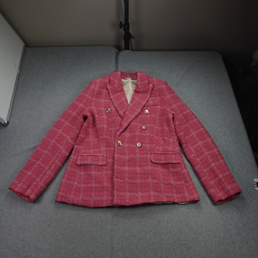 Sunday Up Blazer Womens Large Pink Plaid Double Breasted Tweed Jacket